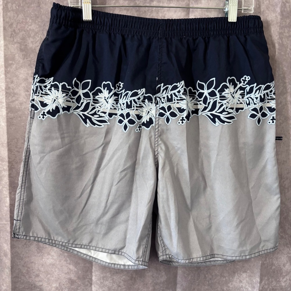 Newport Blue Mens‎ Board Shorts Navy Grey Floral Hibiscus Swim Trunks Medium